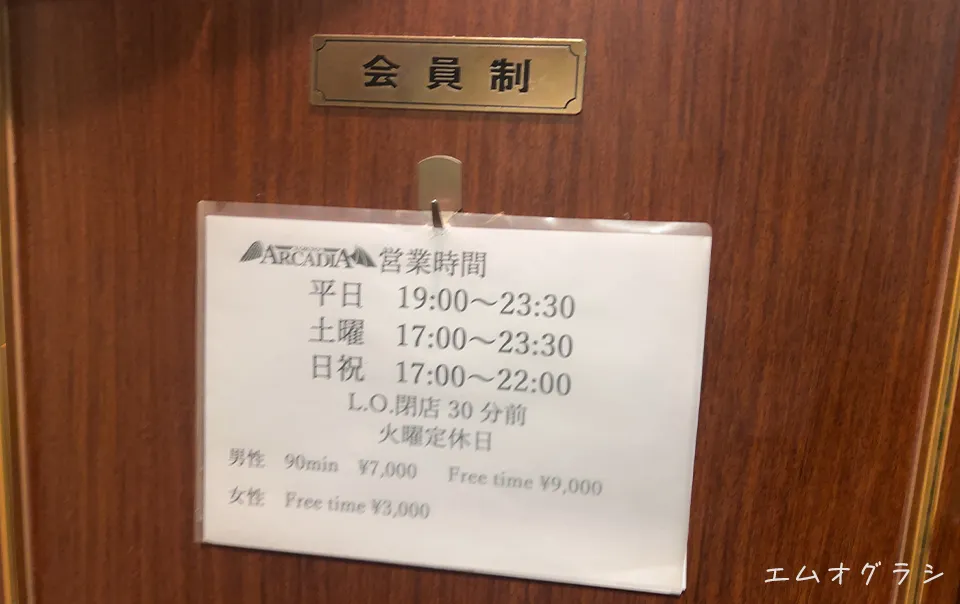 新宿のSMバー「アルカディア」入り口に掲示された2026年最新の料金表